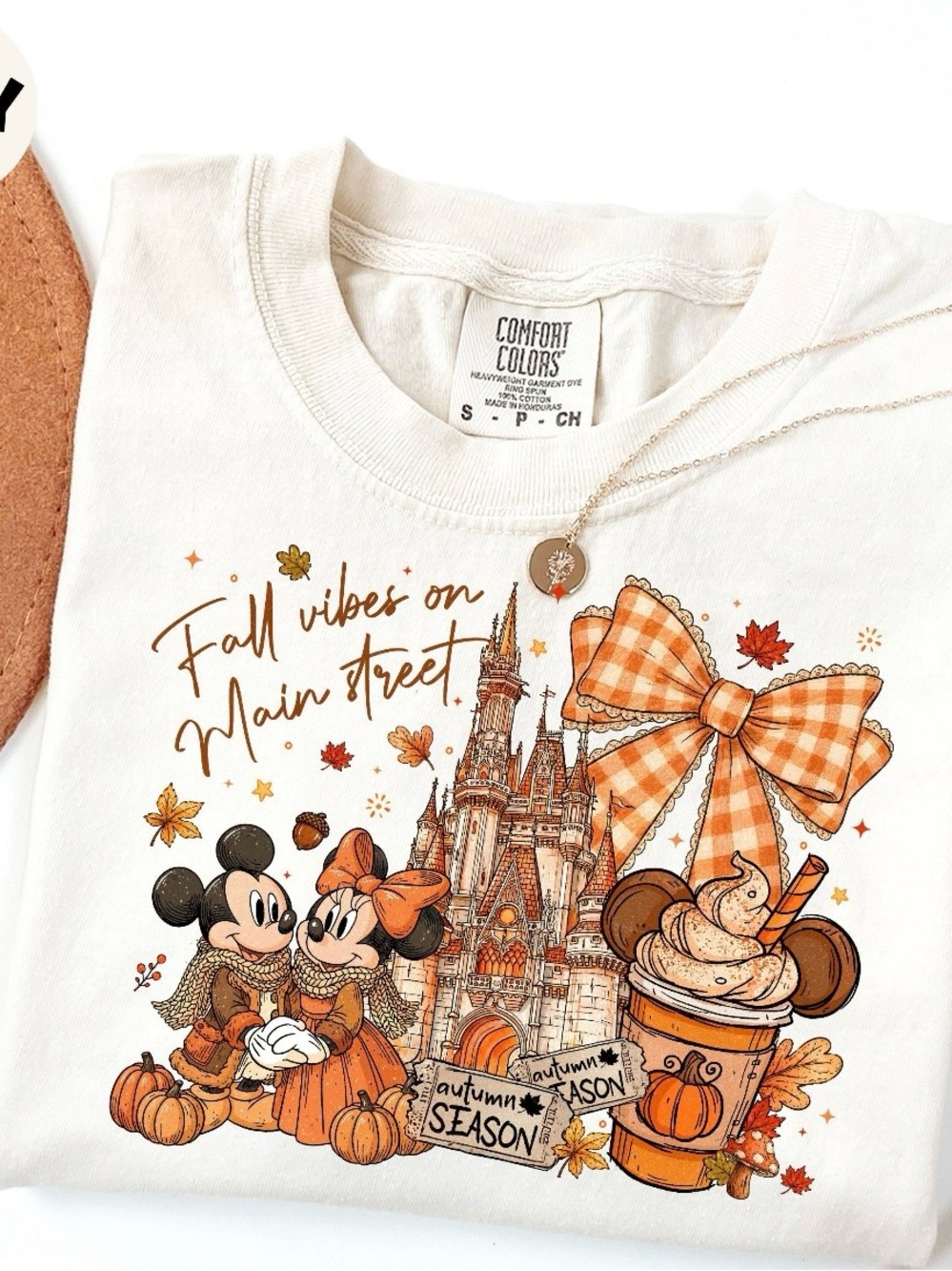 Comfort Colors Adult Ivory Tee with Orange Fall Graphic - Mickey & Minnie